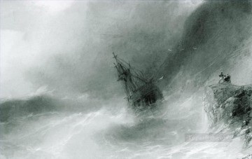風景 Painting - イワン・アイヴァゾフスキー 岩の上に投げ出された船 1874年の海の波